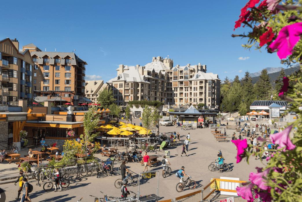 Whistler Village in summer with mountain backdrop