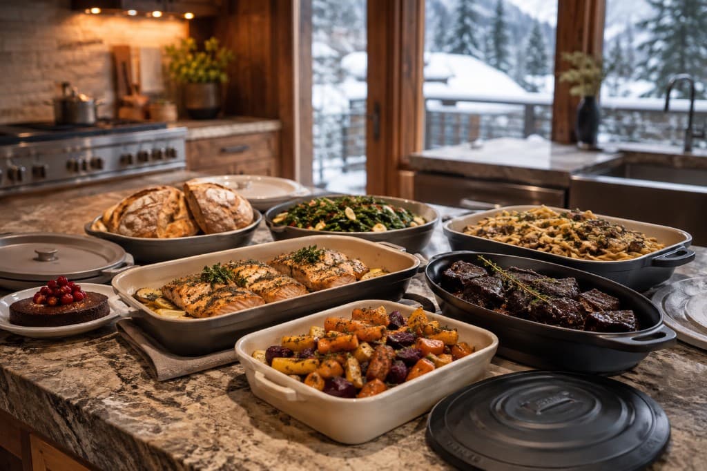 Gourmet catered meal spread in a luxury Whistler chalet kitchen