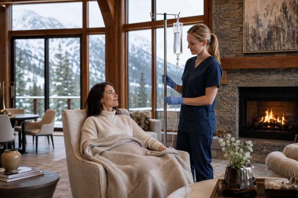 In-home IV drip therapy in a luxury Whistler chalet with mountain views
