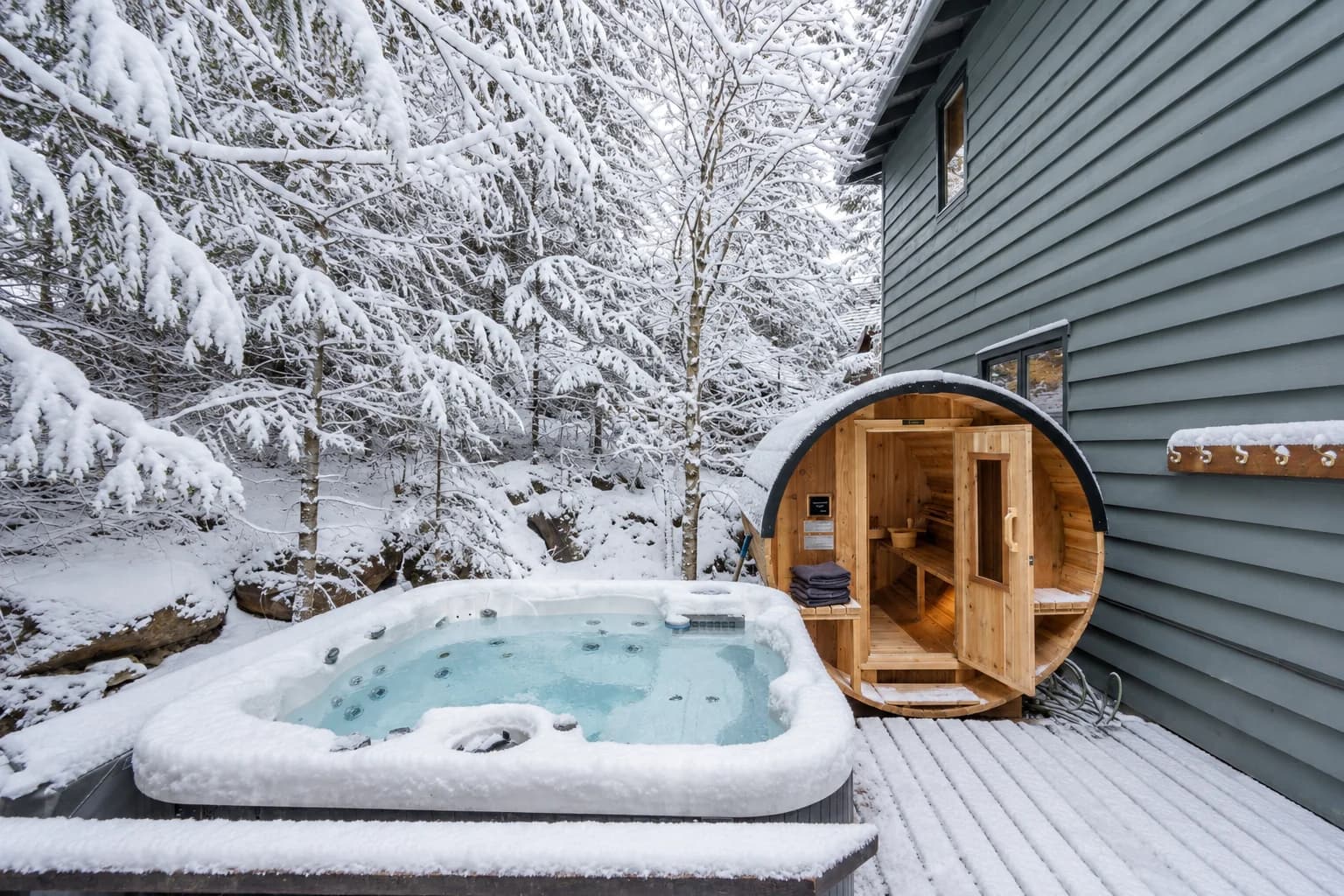Falcon hot tub and barrel sauna in winter